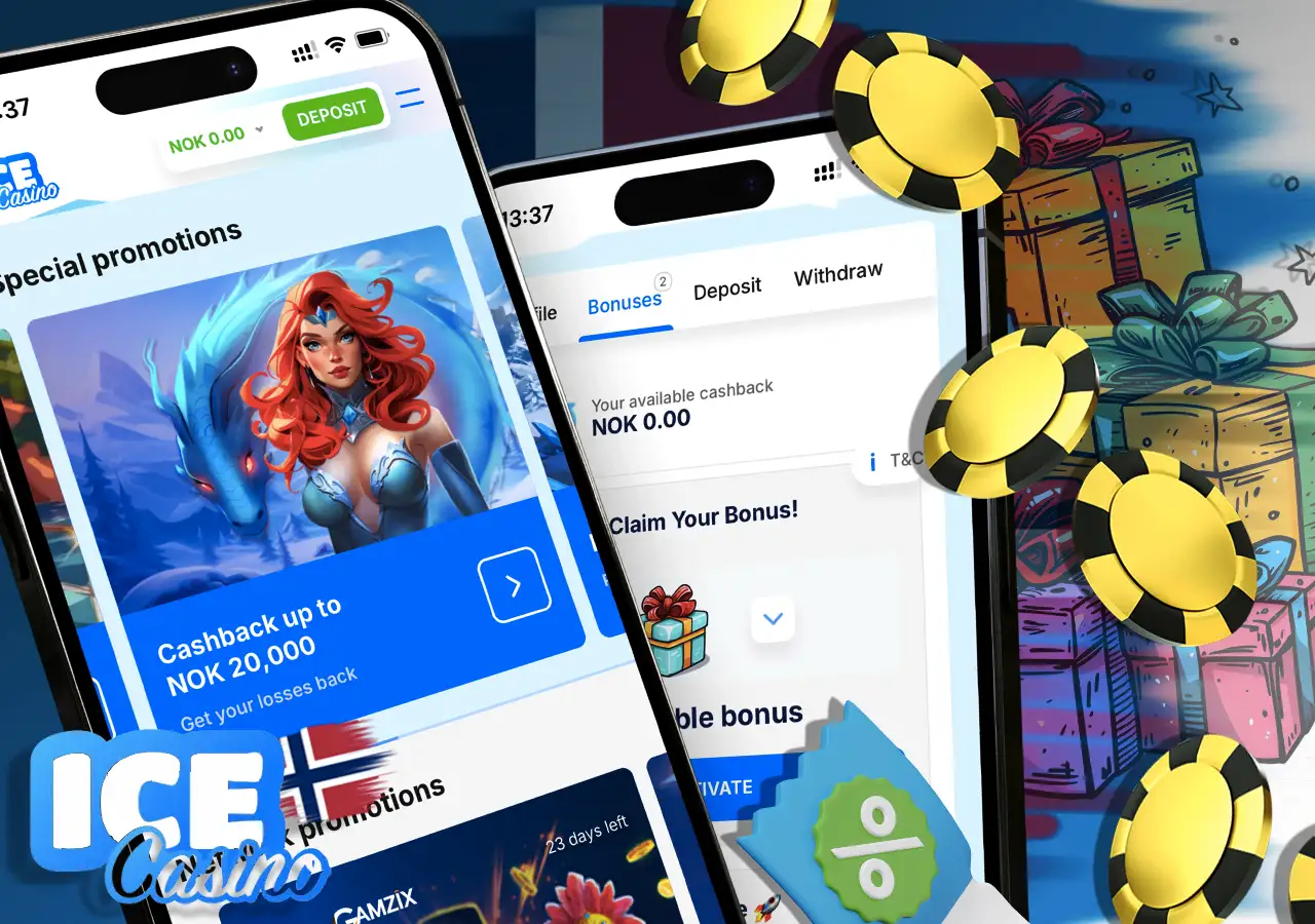 Ice Casino bonuser i Norge inkluderer en velkomstpakke opptil 15,000 kr , sjenerøs cashback, gratisspinn og andre tilbud.